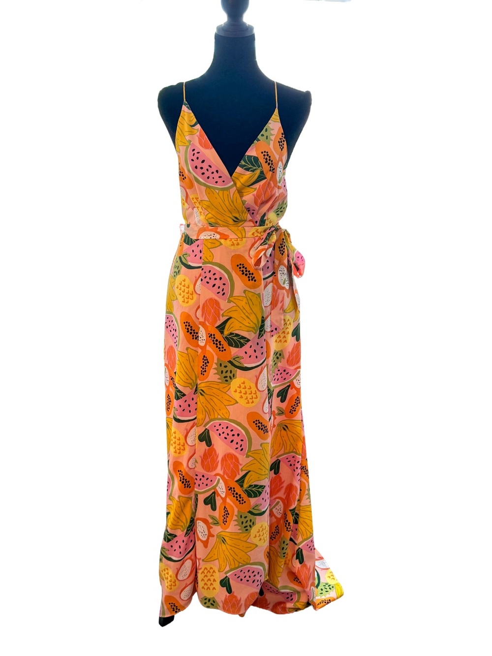 Hutch Tropical Fruit Print Wrap Maxi Dress Pink Yellow High Low Small